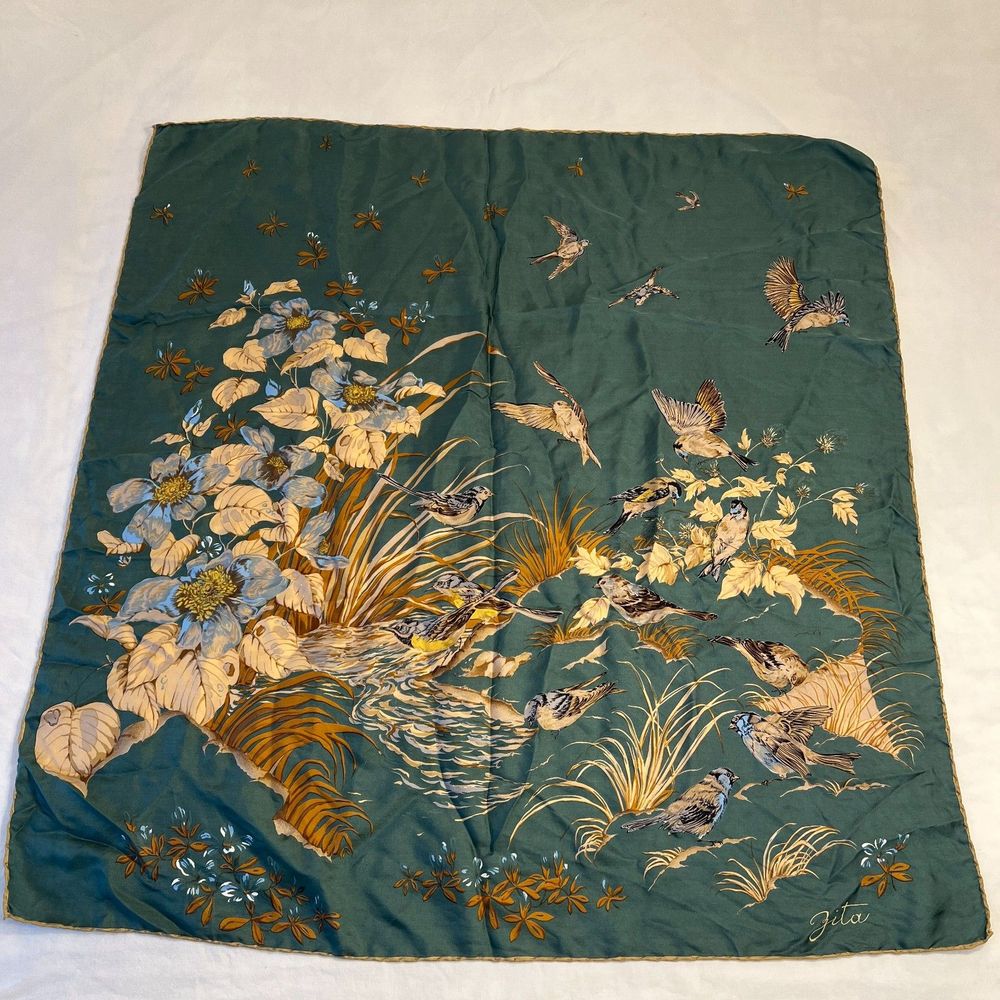 Vintage Zita Italian Designer Bird Square Scarf, 30" square, nature